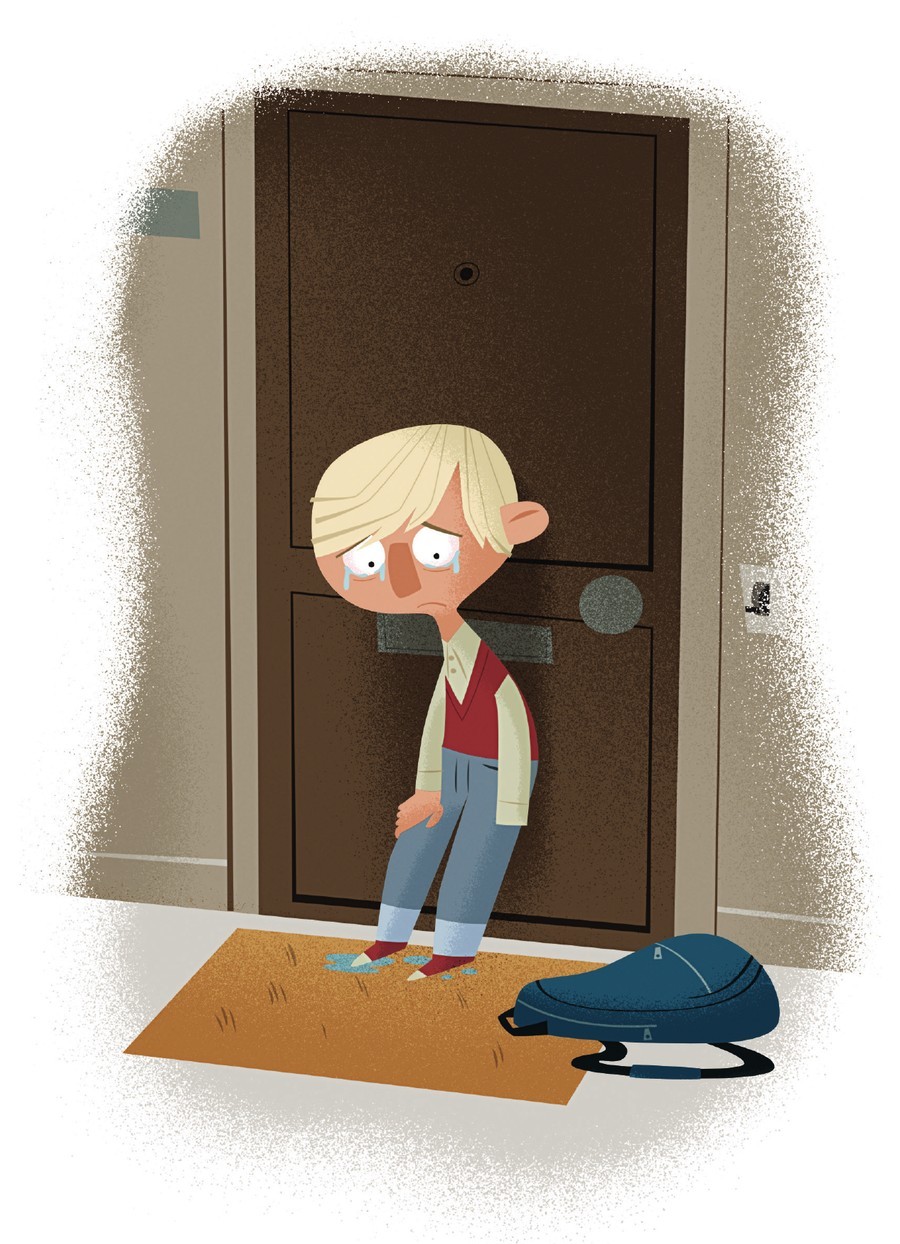 Illustration of young Darin standing at the front door, crying, from Chapter 1