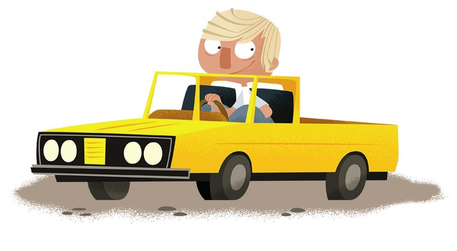 Illustration of Darin driving a yellow go-kart, from Chapter 10