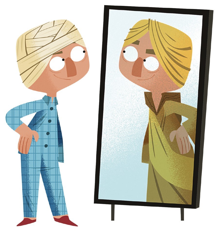 Illustration of Darin looking in a mirror wearing a head bandage after surgery, from Chapter 5